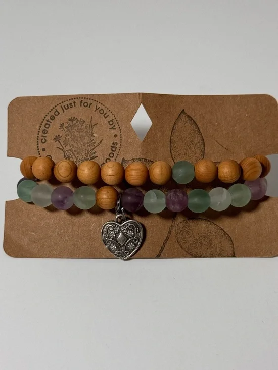 Bracelet Handmade Heart Charm Beaded Bracelet Set Green, Purple & Natural Wood