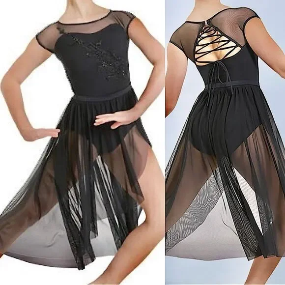 WEISSMAN Dance black lyrical maxi mesh dress appliqué Amen 12333 MA adult