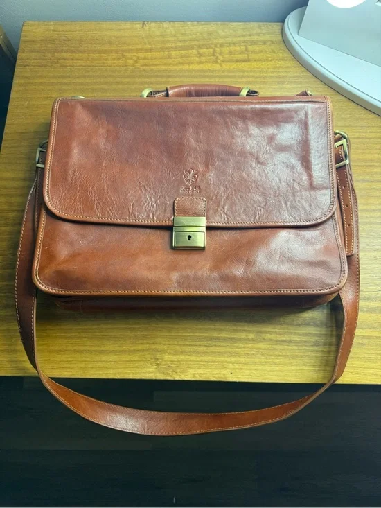 Italian Leather Briefcase, Made In Italy, Cognac Brown Messenger Bag