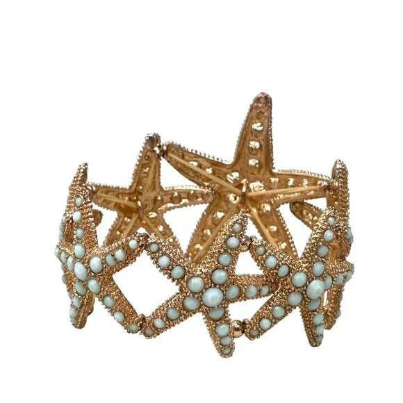 Starfish Mint Studded Stretch Bracelet Gold Tone Evening Classic Date Night