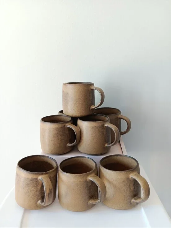 West Elm Kanto Stoneware Handled Coffee Tea Mugs Set of 8 Brown Grey Cardamom