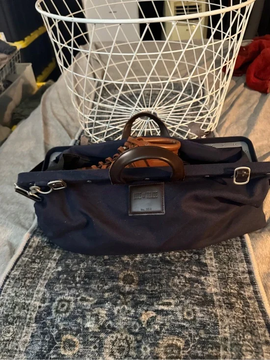 Canvas Navy Briefcase with Brown Leather Handles