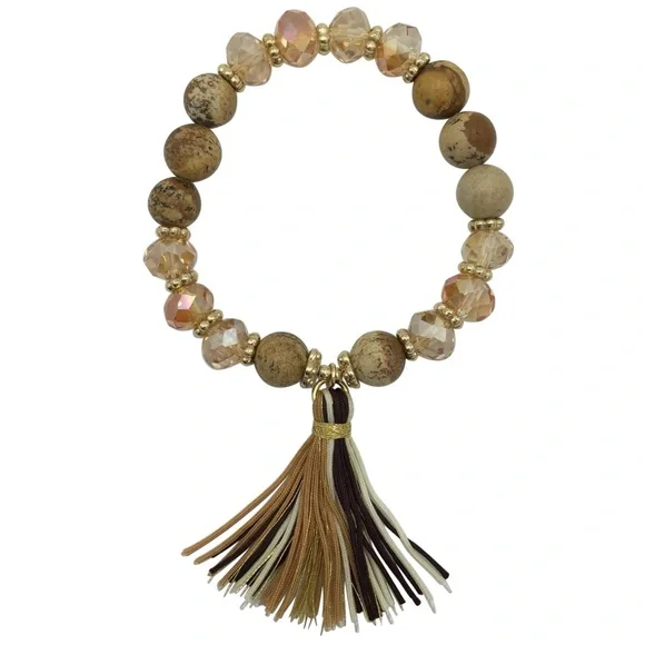 Brown Genuine Stone & Glass Beaded Tassel Stretch Bracelet