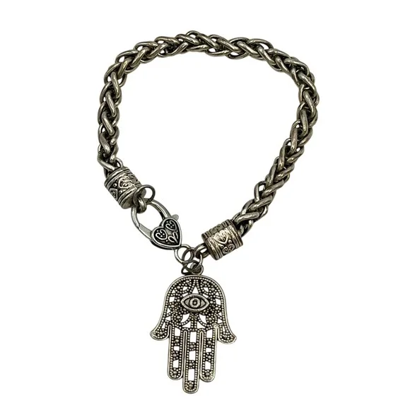 Hamsa‎ Hand Charm Evil Eye Bracelet Silver Tone Braided Chain Heart Clasp Womens