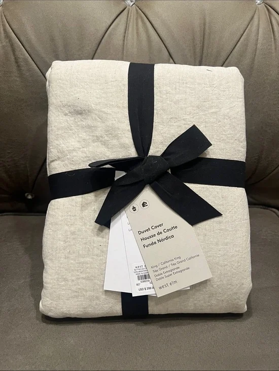 West Elm Natural Linen Duvet Cover with Black Tie Accent