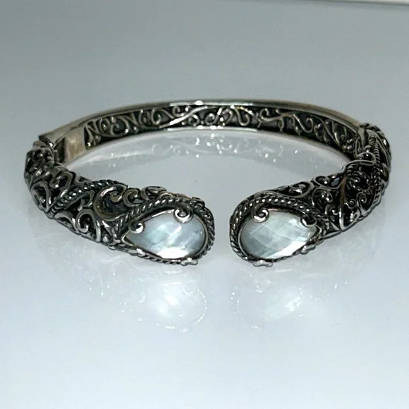 NWOT Carolyn Pollack Sterling Silver White Mother o Pearl Hinged Bangle Bracelet