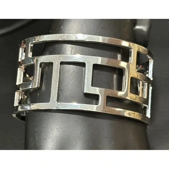 Silver‎ Tone Geometric Openwork Clamper Bracelet  Modern Architectural Statement