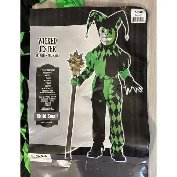 Wicked Jester Costume Boys Small (4-6) 7 Piece Set Green Black Halloween Scary