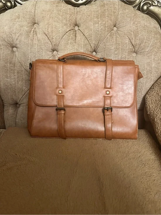 Classic Tan Leather Briefcase Messenger Bag for Men