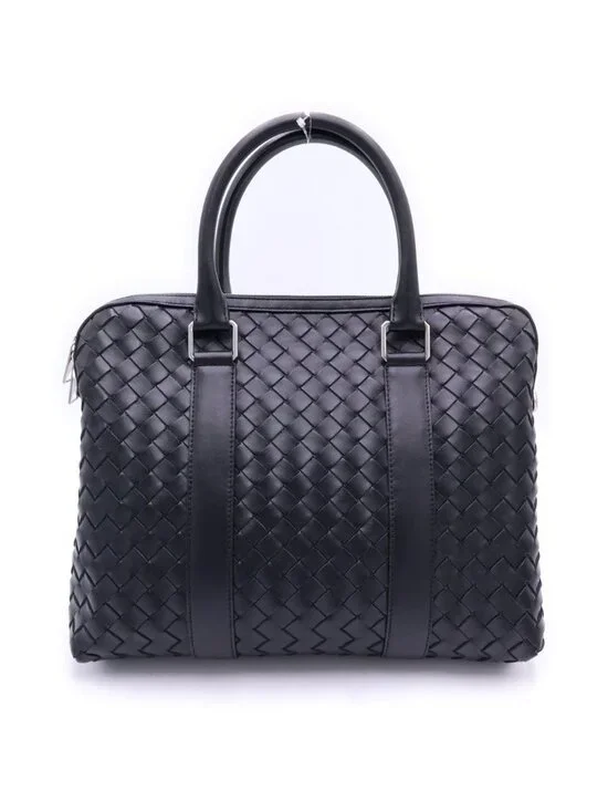 Bottega Veneta Intrecciato Briefcase Business Shoulder Bag Black Leather Silver
