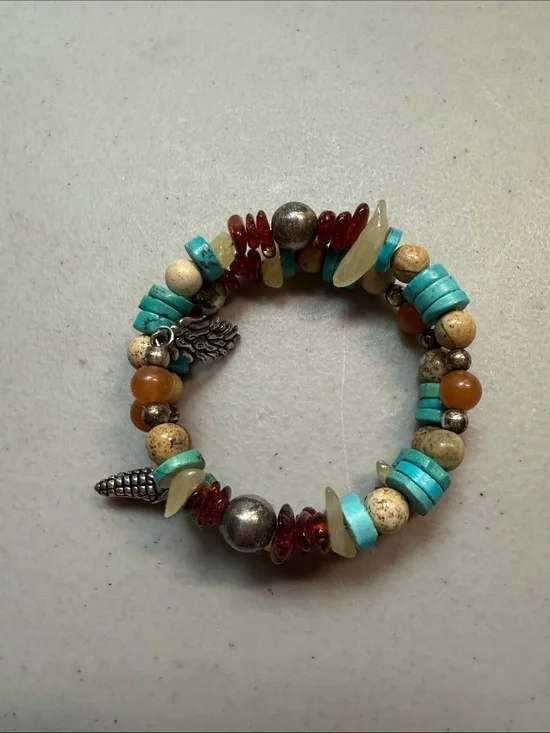 Carolyn Pollack coil Beaded Turquoise & Amber Charm Bracelet w/ sterling charms