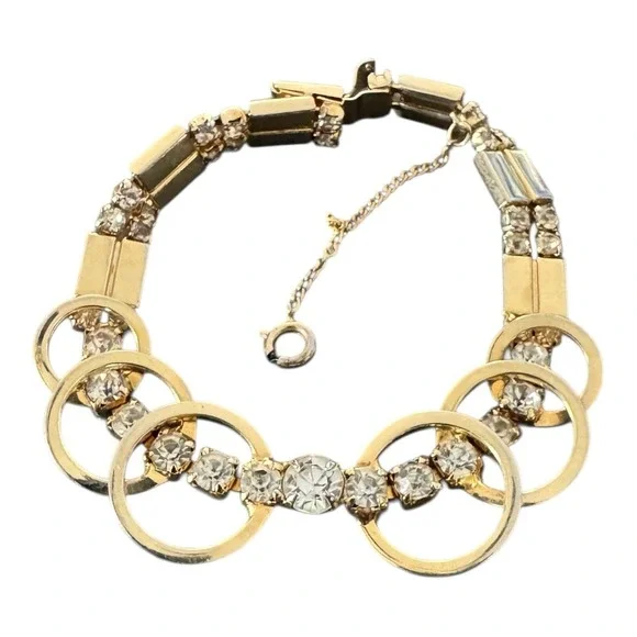 Vintage SAC Rhinestone‎ Bracelet Gold Tone Baguette Crystals Mid Century Signed