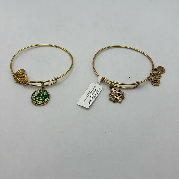 Alex and Ani gold charm bangle bracelet stretch Friend and Be Brave charms