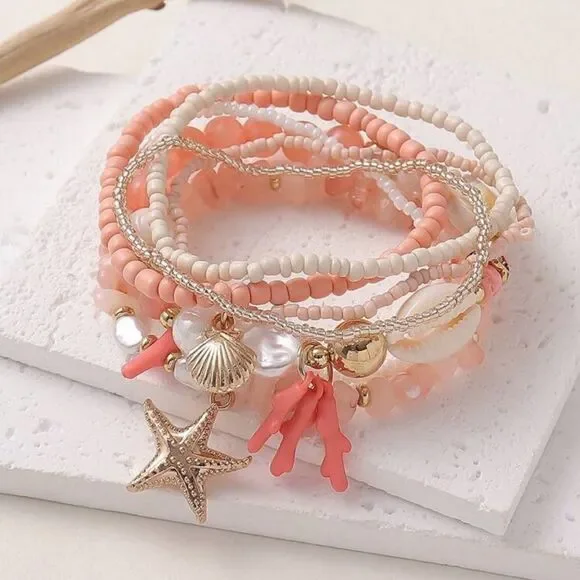 Coral and Gold Beaded Bracelet Set A1230