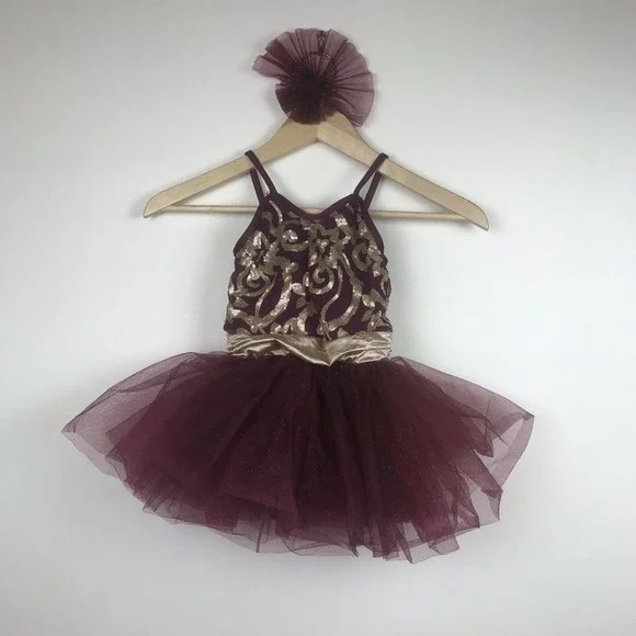 Weissman Girls Dance Costume Leotard Overlay Tulle Skirt Maroon‎ Gold 7/8