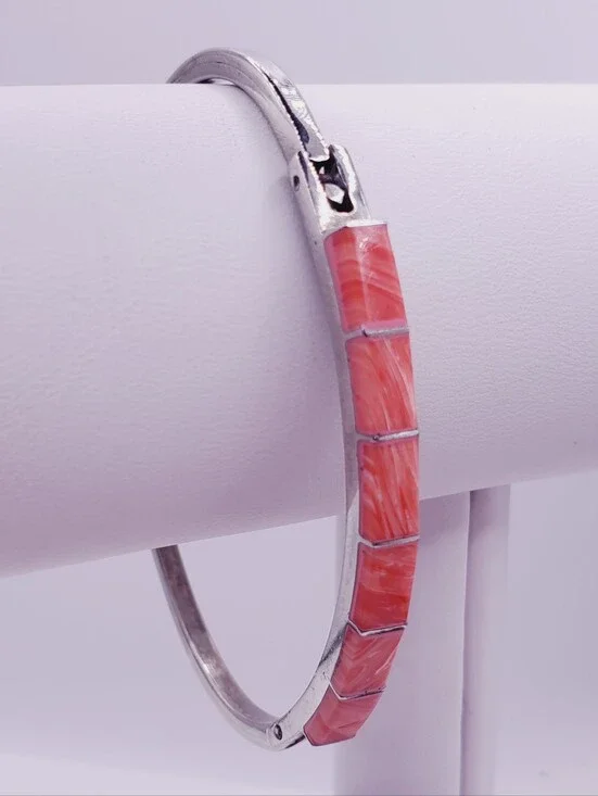 Spiny Oyster Inlay Hinged Bangle Bracelet - 925 Sterling Silver