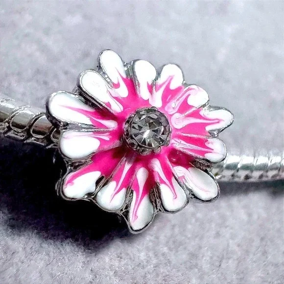 Pink White Enamel Flower Bead Charm fits‎ PANDORA