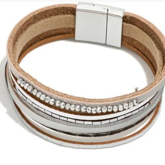 Rain Silver and Tan Leather Bracelet