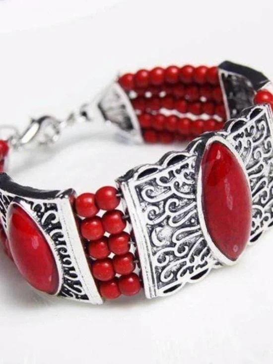 Womens Silver Red‎ Beaded Multi-Strand Beaded Bracelet