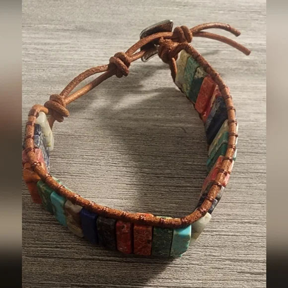Multicolor Jade Stone Bracelet with Leather‎ Cord, 7 1/4