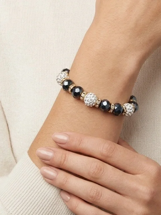 Navy Bead Bracelet | Rhinestone Disco Ball Stretch Bracelet