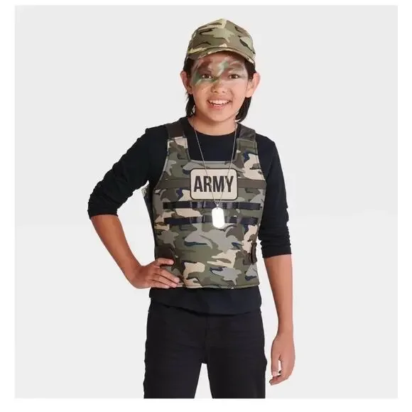 Kid's Army Solider Halloween Costume Kit Vest Hat Dog Tag Child One Size