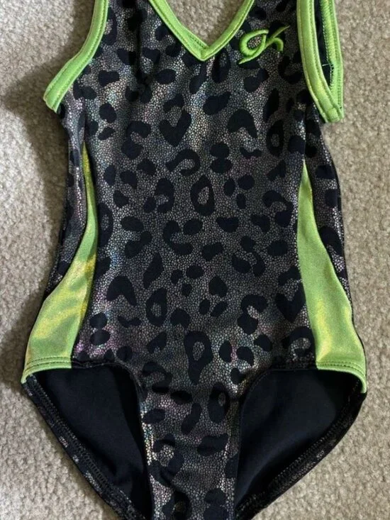 GK Elite Leotard CXS Child XS Neon Green Leopard Black Silver Metallic