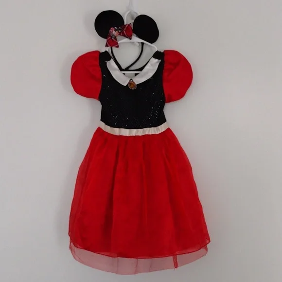 Minnie Mouse Disney‎ Girls Costume Size 5/6 with Headband Sparkly Red Dress