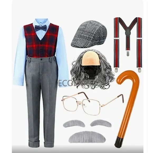 Child Size 7-9 Yr Old Old Man Costume Set 100 Days Of School 11 Pc Set