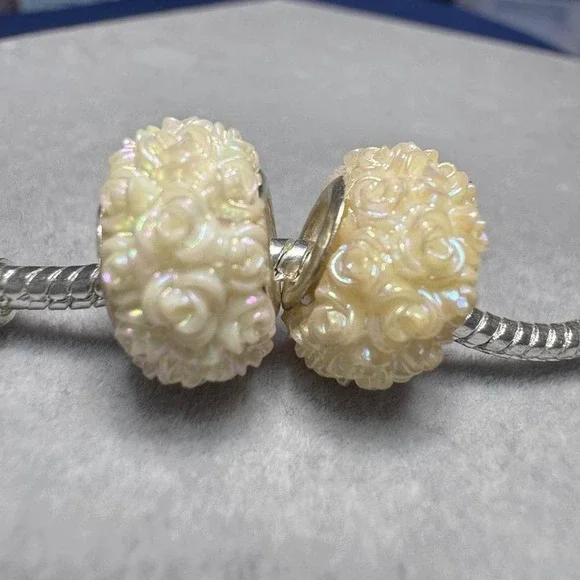 2Pcs Iridescent Yellow Rose Flower Beads Charm fits PANDORA