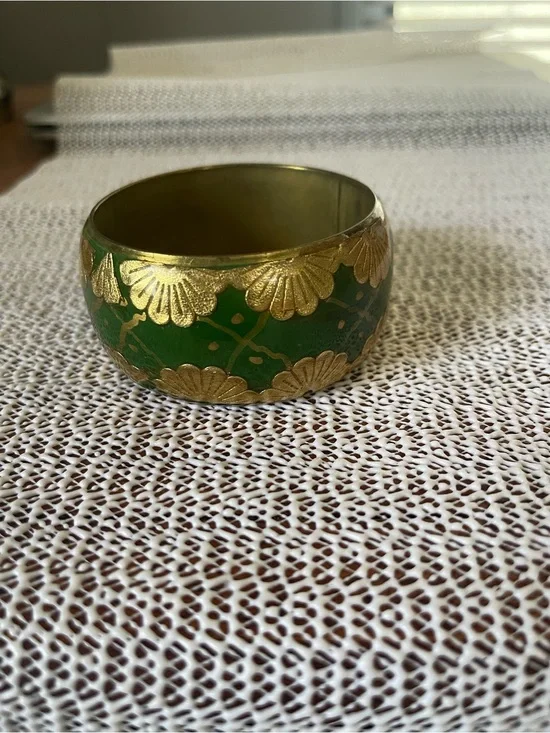 Vintage brass & enamel green/gold bangle bracelet 7”, good condition