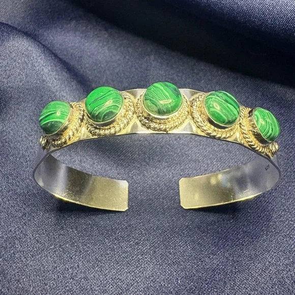 Bracelet Silver-tone Genuine Malachite Gemstone Cuff, Adjustable