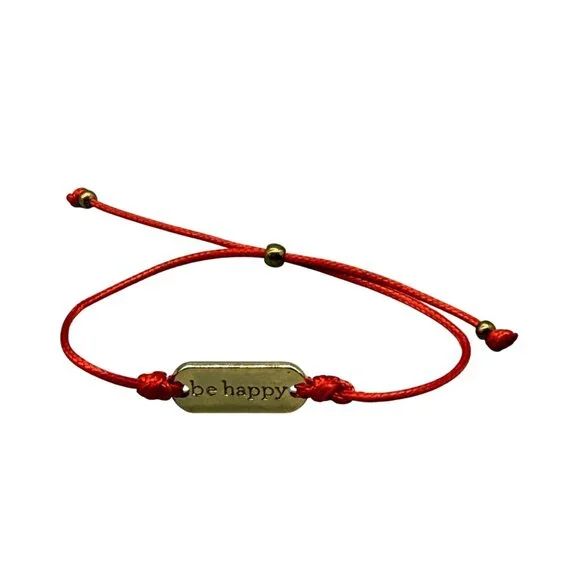 Be Happy Red Cord Slide Bracelet Adjustable Gold Tone Minimalist Everyday