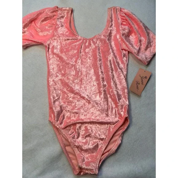 Jenni Rose Girls Pink Crushed Velvet Leotard Puffed Sleeve Size 14-16 Style 702