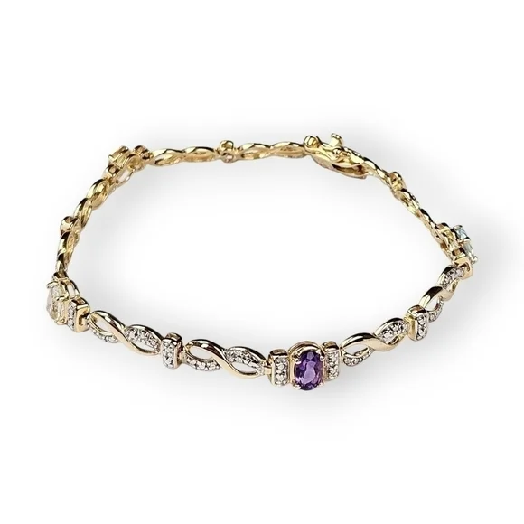 Multi Gemstone Sterling Tennis Bracelet Diamond Accent Gold Plated 925 Silver