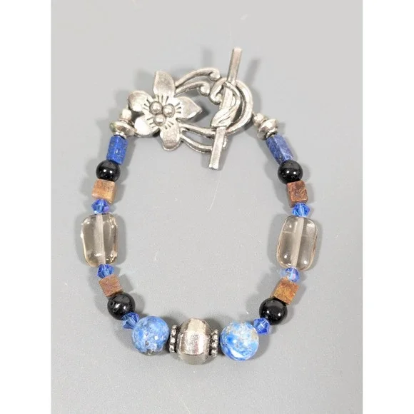 Artisan Sodalite Lapis Beaded Bracelet Floral Toggle Clasp Blue Gemstone 7