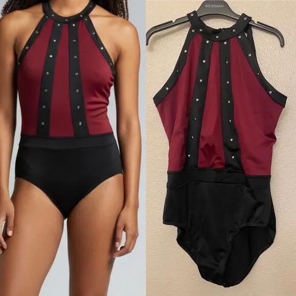WEISSMAN Elite Dance Costume burgundy Studded Cage Strap leotard SH12602 LA