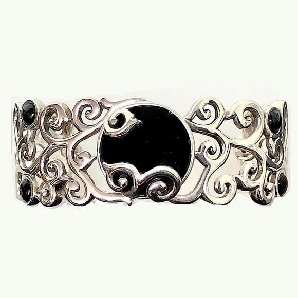 BARSE Black Onyx Cabochon Sterling Silver Scroll Filigree Cuff Bracelet MINT