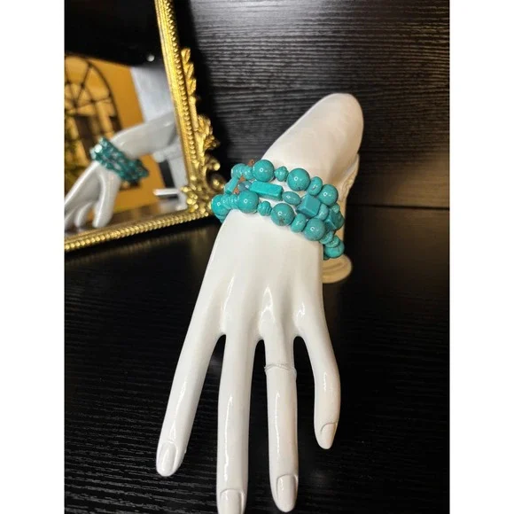Turquoise Blue Multi Strand Beaded Cuff Bracelet Statement Boho Southwestern