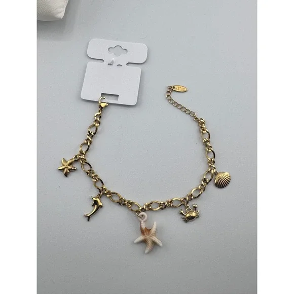14k Gold Plated Stainless Steel Sea Life Charm Bracelet Starfish Dolphin Crab