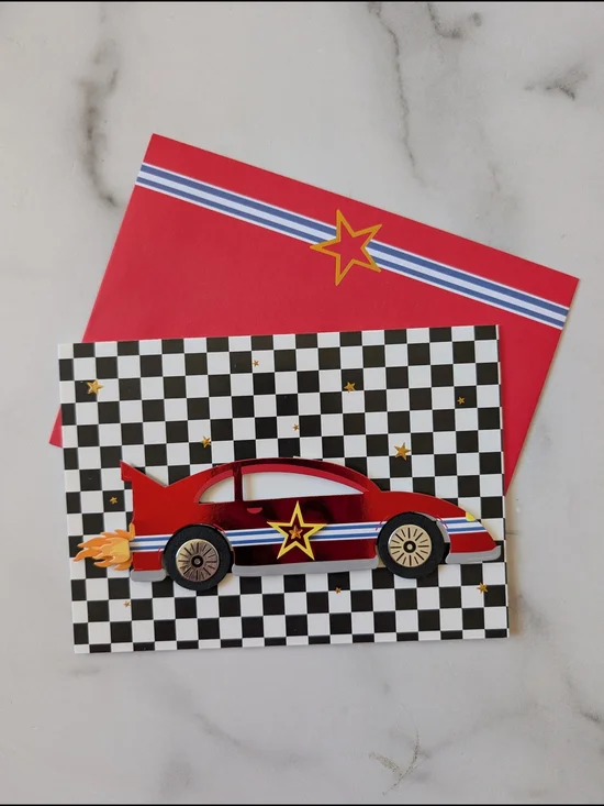 Red Race Car Pop-Up Greeting Card with Star Accent