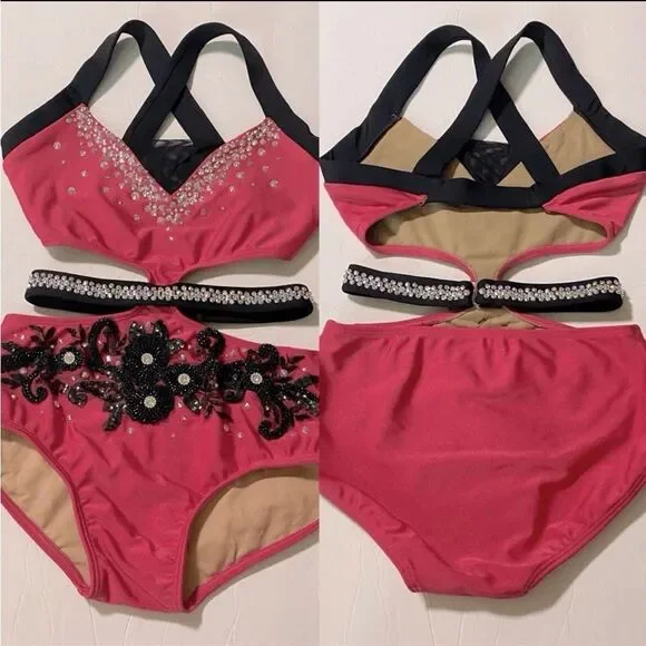 Custom Solo dance costume leotard hot pink rhinestone XSA-extra small adult