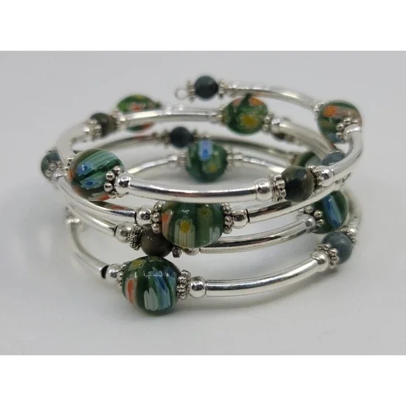 Silver Tone PaintedFloral Art Glass Bead Wrap Coil Bracelet Stone Accents
