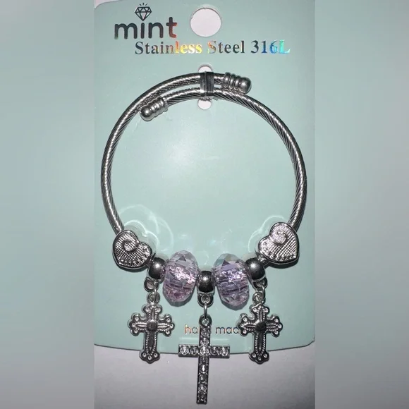 Mint Stainlees Steal Charm Bracelet with Divinity Cross, Hearts and Beads.