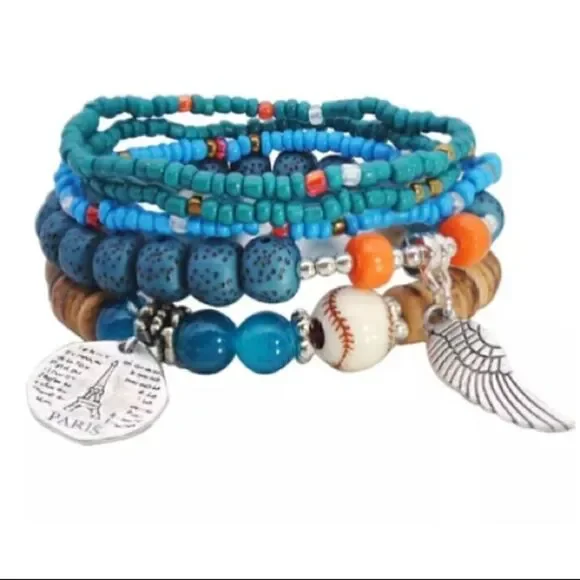 Boho Stackable Beaded Charm Bracelet Set Turquoise Silver Charms Layered Jewelry