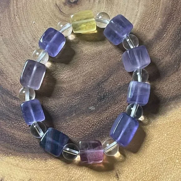Fluorite bracelet striped layers rainbow colors cube stretch 10mm 7.5” natural c