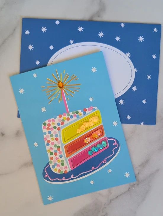 Blue Cake Greeting Card with Confetti and Sequins