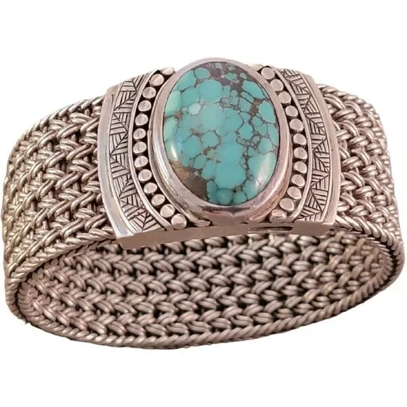 Sterling Heavy Turquoise Wide Woven Chain Toggle Bracelet