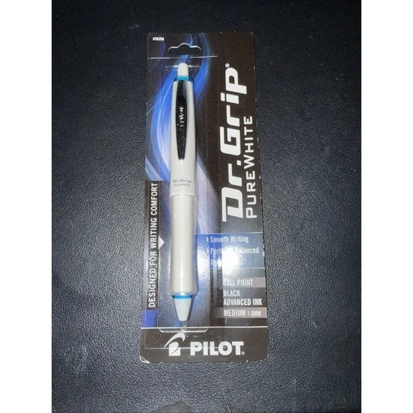 Pilot Dr Grip Pure White Blue Ballpoint Pen Black Ink Medium 1.0MM‎ Comfort New