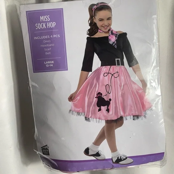 Miss Sock Hop Kids Size L 12/14  Halloween Costume - Pink and Black NWT 4PCS